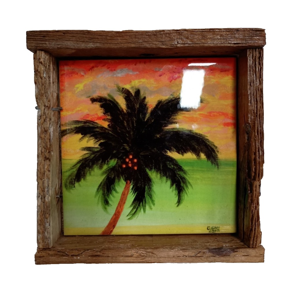 Vintage Handmade Southernmost Sunset Palm Tree Wall Art Tile Painting Wood Frame